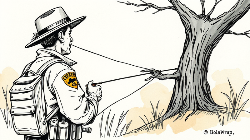 A police officer demonstrating the BolaWrap device, a less-lethal tool for suspect apprehension.