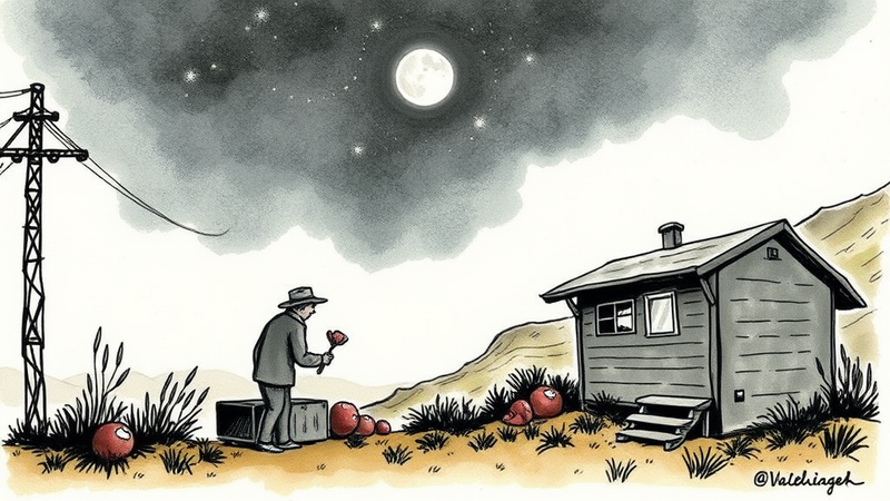 Humorous illustration of a family struggling during a power outage, using flashlights and eating snacks.