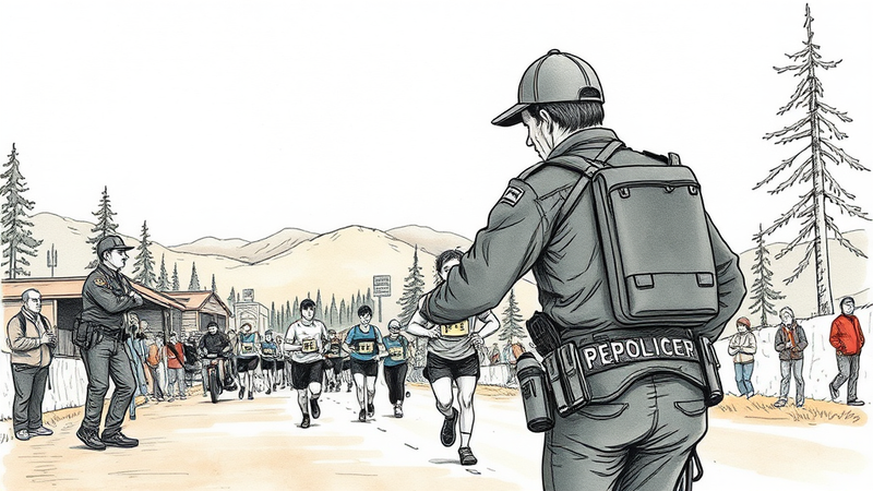 CHP officer carrying injured marathon runner to the finish line in Big Bear, California.