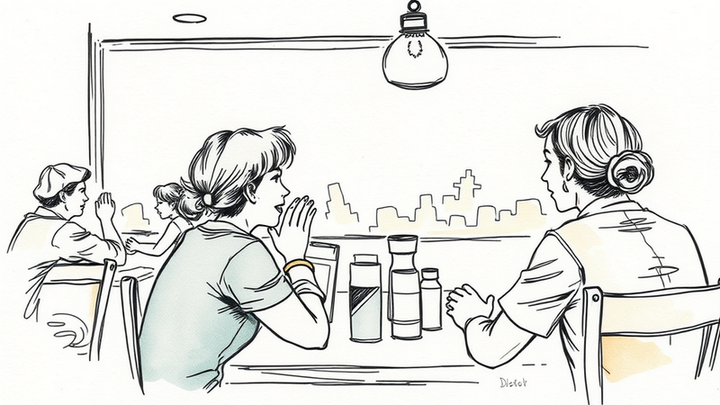 A college student praying for a sheriff's deputy in a restaurant, symbolizing faith and support for law enforcement.