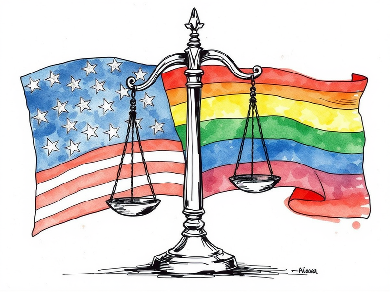American and pride flags with scales of justice