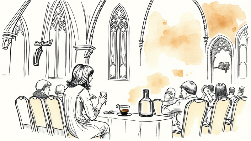 A person holding a coffee cup in a church setting, symbolizing the conflict between temporary pleasures and spiritual priorities.