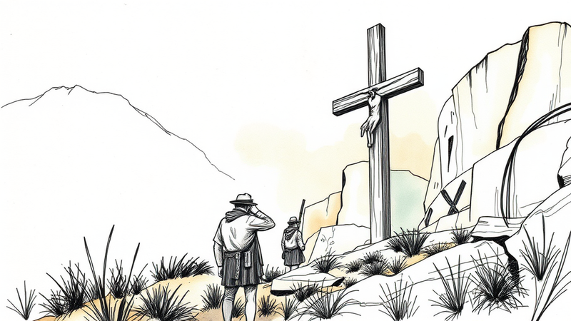 A Roman centurion kneeling at the foot of the cross, symbolizing faith and recognition of Jesus as the Son of God.