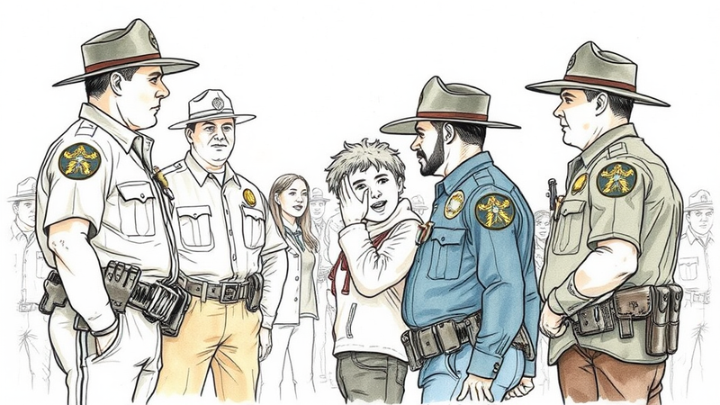 A large group of police officers watching a middle school football game to support the son of a fallen officer.