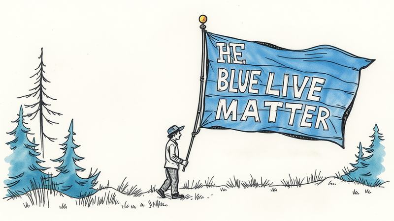 Thin Blue Line flag waving in the wind, symbolizing support for law enforcement and remembrance of fallen officers.