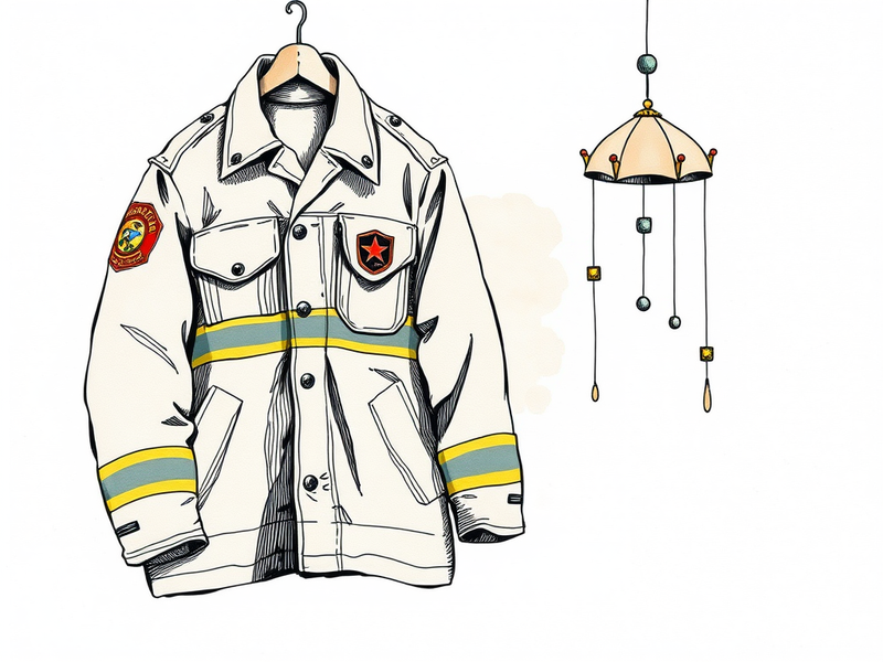 A first responder uniform hung beside a baby mobile, symbolizing the balance between service and family.