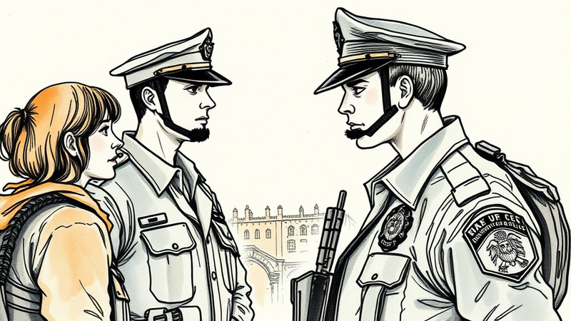 A police officer standing guard, symbolizing their role as gatekeepers and guardians of the community.