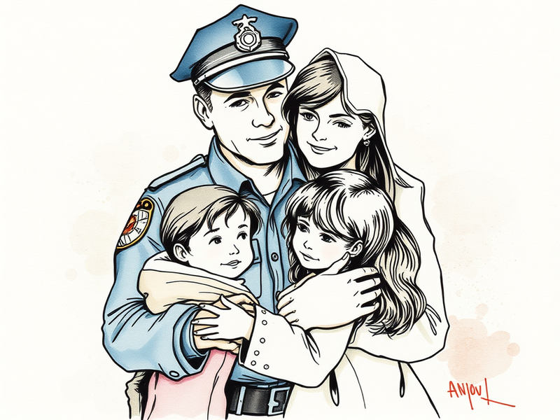 Police officer embracing family member