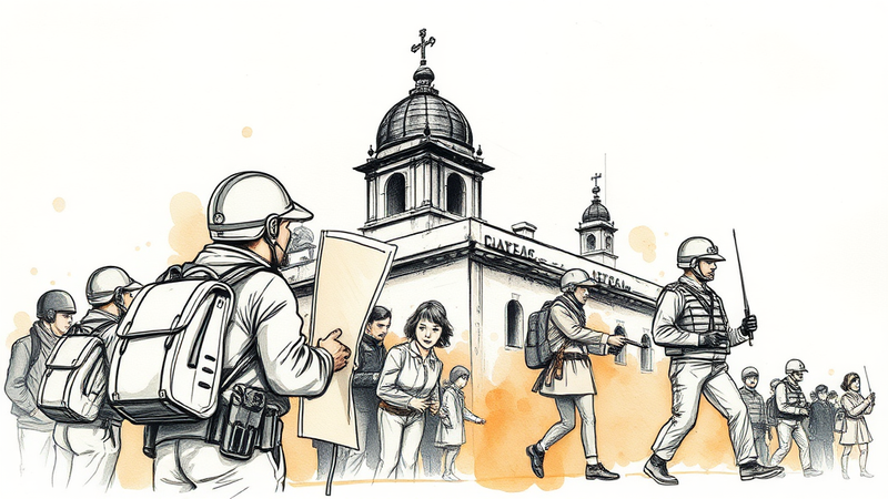 A police officer standing firm amidst swirling controversy, symbolizing integrity and resilience in law enforcement.