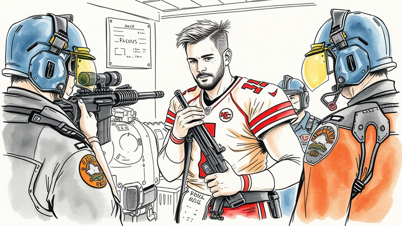 Patrick Mahomes trying on a police vest at the Kansas City Regional Police Academy during a visit for Police Week.