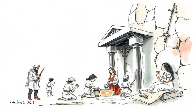 A child's drawing of Jesus in the temple, surrounded by surprised adults, symbolizing the story of Jesus being left behind.