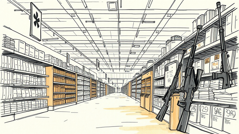 Man with assault rifle and body armor in Walmart, representing the controversy around gun rights and public safety.