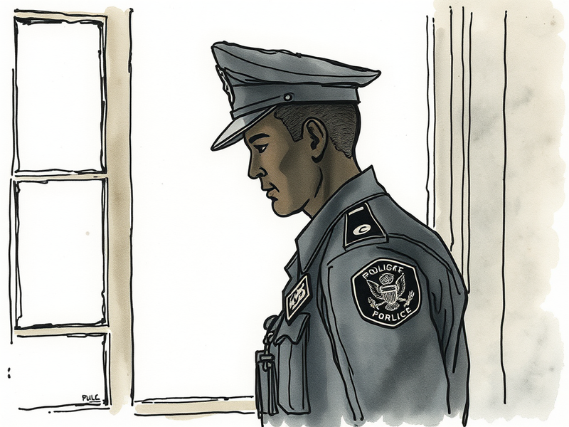 A silhouette of a police officer looking out a window, conveying a sense of introspection and the weight of responsibility.