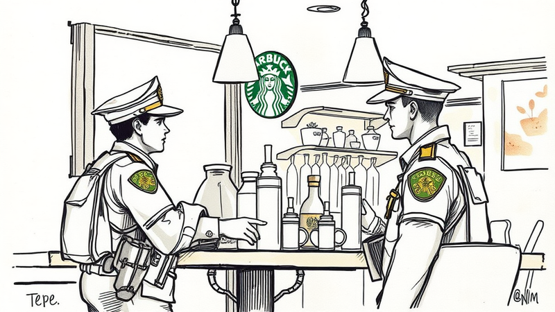 Tempe Arizona police officers standing outside of a Starbucks coffee shop after being asked to leave.