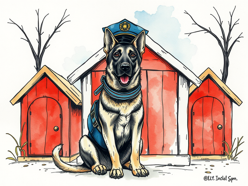 A police K9 sitting proudly in front of a red, white, and blue doghouse