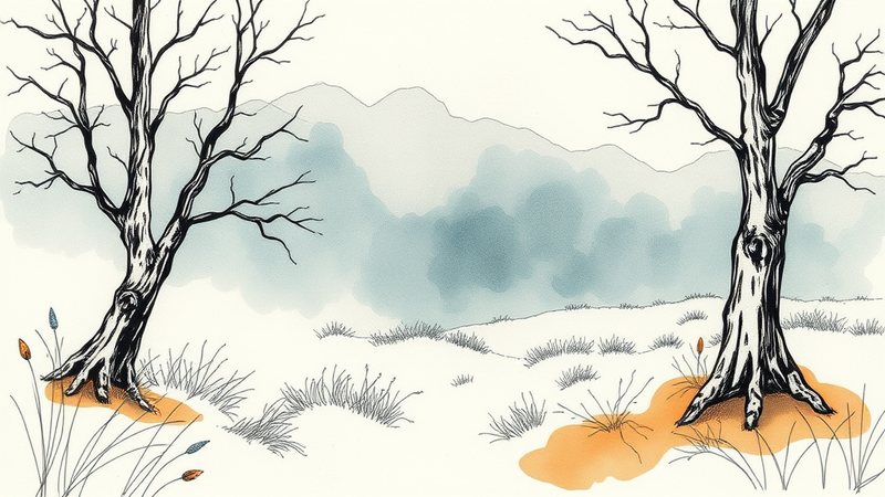 A serene landscape representing peace of mind, with elements like water, trees, and a setting sun.