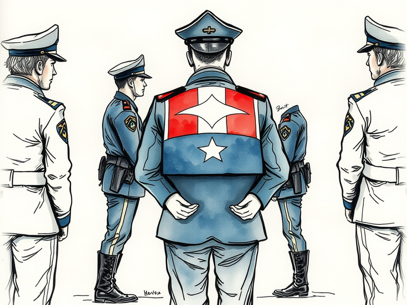 Honor guard preparing for a police funeral ceremony with folded flag and badges draped in mourning bands.