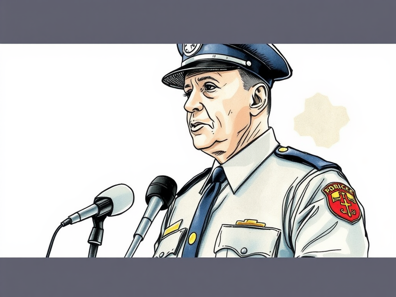 police chief speaking at press conference with microphones