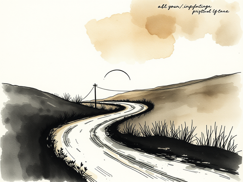 A winding, shadowy road with a single, gentle light beckoning in the far distance, symbolizing a spiritual pursuit towards hope.