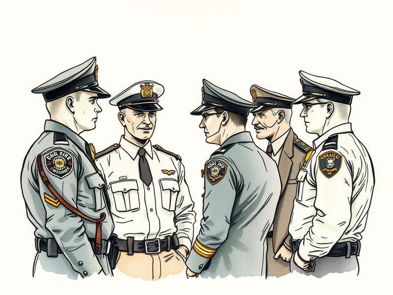 Silhouette of officers in discussion with rank insignia showing hierarchy in a police department setting.