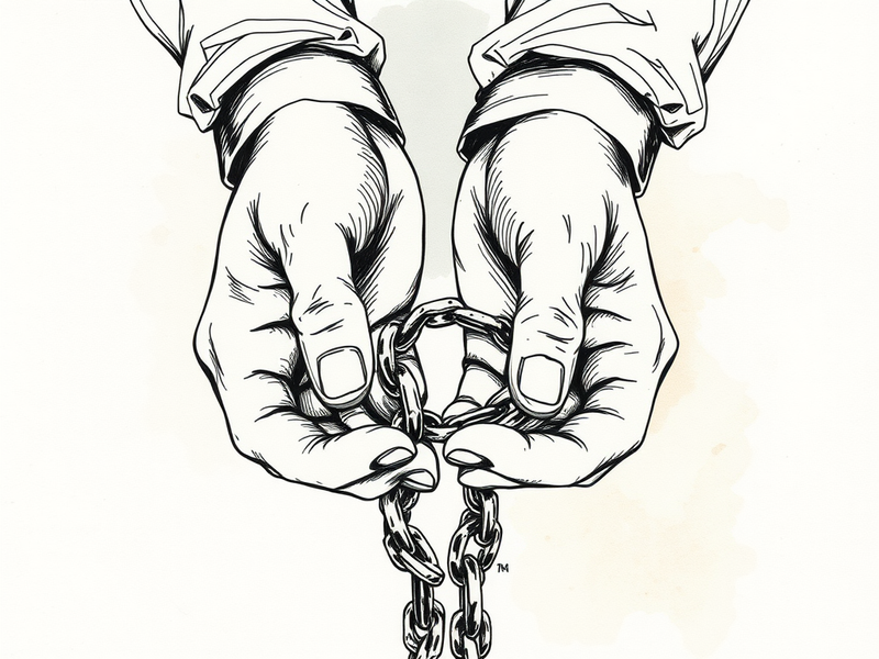 A pair of hands holding broken chains, symbolizing freedom and resilience