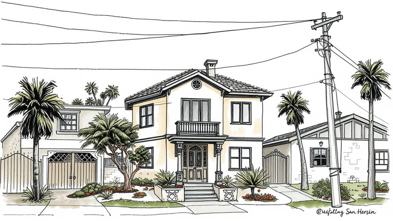 San Diego police officer standing in front of a house with a 'For Sale' sign, symbolizing the home-buying incentive program.