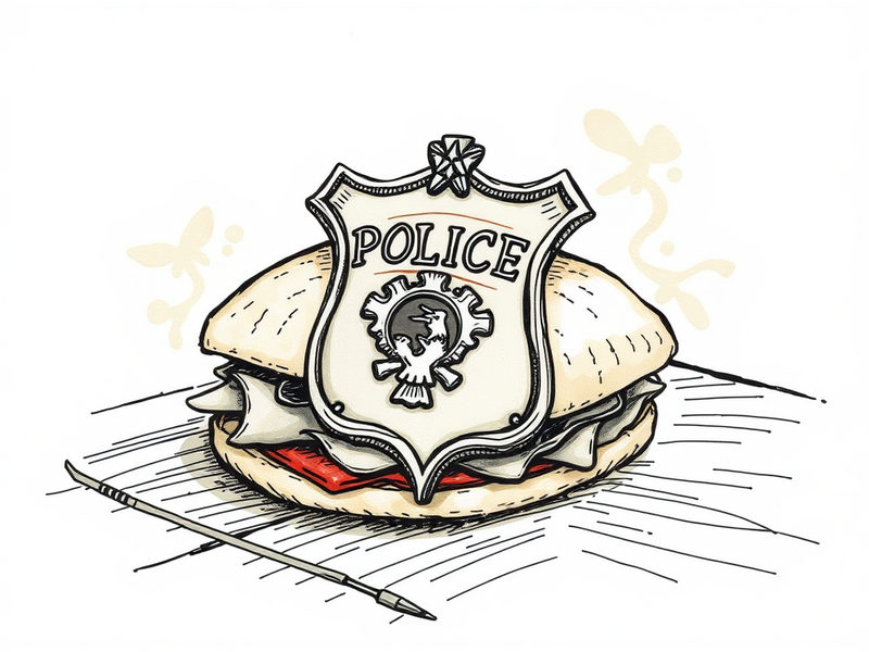 Police badge on a table with a sandwich, symbolizing the hidden danger.