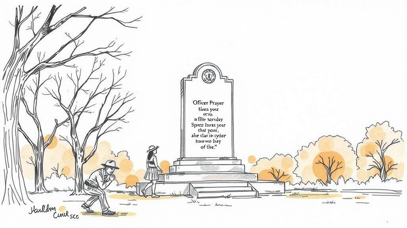 Stone monument with 'The Officer's Prayer' inscription, standing outside the Tega Cay Police Department.