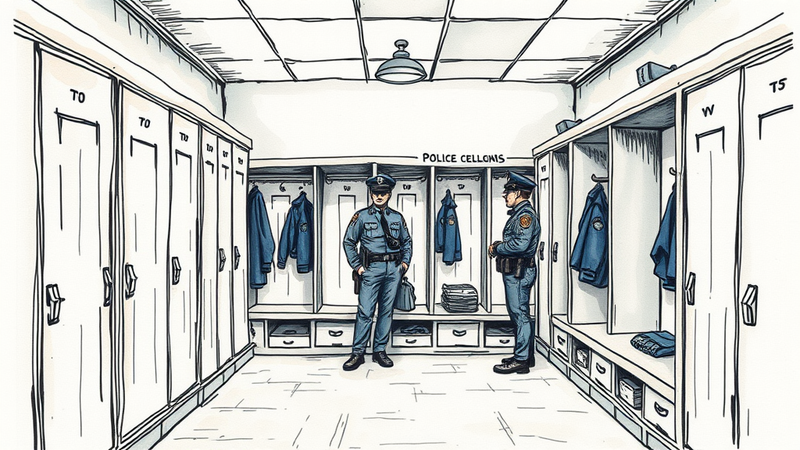 Police officers in a locker room preparing for their shift, symbolizing camaraderie and the sanctity of the space.