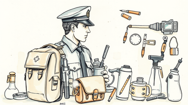 An open police patrol bag revealing various essential tools and supplies for law enforcement duties.