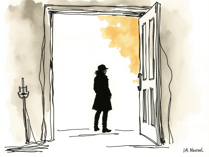 A silhouette of a person standing in a doorway, symbolizing the threshold between silence and testimony.